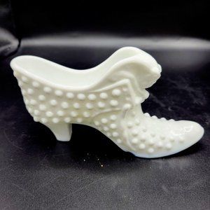 Vintage Fenton Cat's Head White Milk Glass Hobnail Shoe Slipper 6" - MINT
